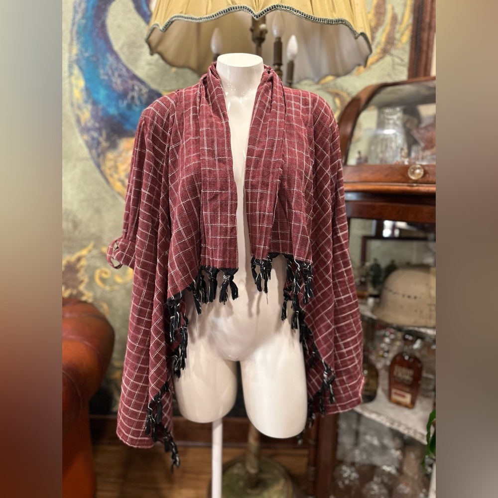 Umgee Burgundy Plaid Open-Front Kimono with Tassel Fringe